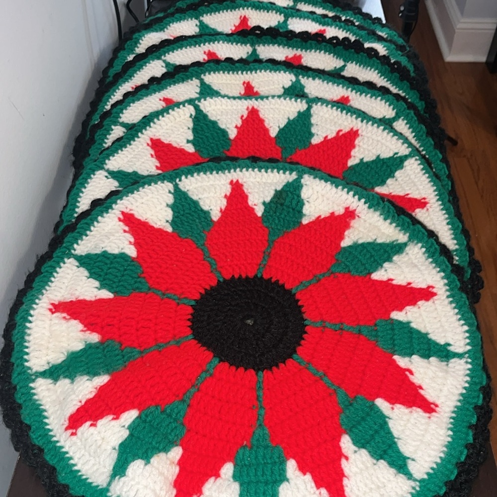 Large Round Hand Crocheted Placemats Holiday Poinsettia Lot of 6